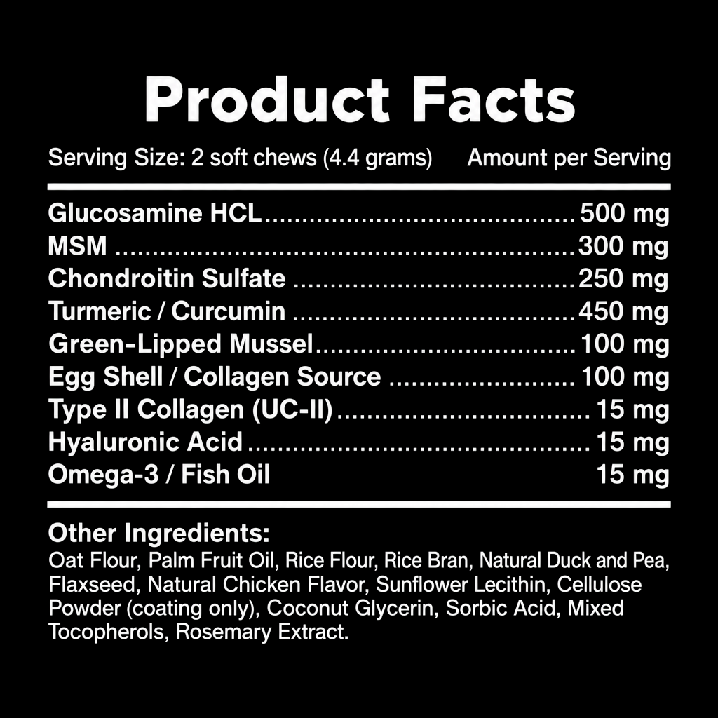 Cevosy Hip and Joint Chews product facts: active ingredients per 2 soft chews and other ingredients
